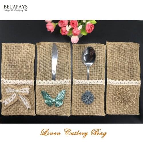 12pcs/Lot lace Jute Cutlery bag with flower wedding decoration christmas party accessories Hessian Burlap Cutlery Holder pads