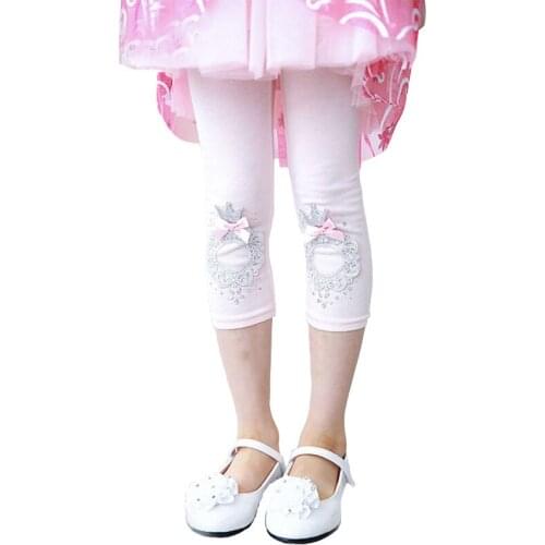 2021 Girls Summer Cotton Leggings Baby Girl Calf-length Bow Leggings Pants Kids Lace Pearl Pants Childrens Clothing Pink/ White