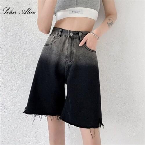 Free Shipping 2021 Summer Womens New Gradient Wide-Leg High WaistDenim Shorts Loose Thin Fashionable Raw-Edge Five-Point Pants
