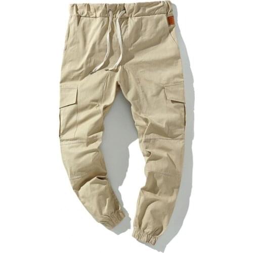 Fashion Men Cargo Pants Solid Color Multi Pockets Men Ankle Tied Drawstring Pants for Sports