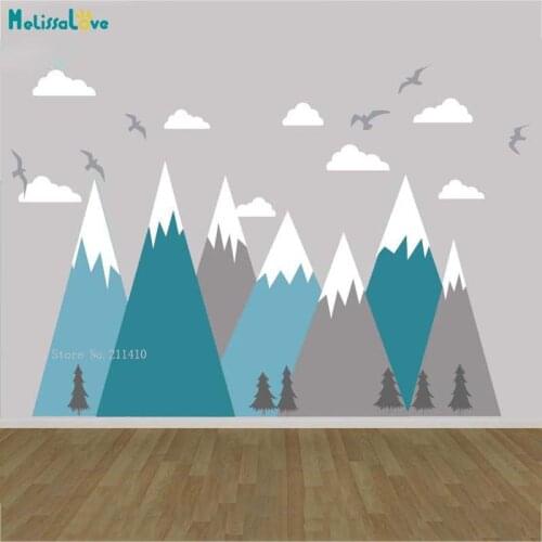 Custom Five Colors Kids Room Decor Large Size Mountains With Birds Wall Stickers Nursery Removable Decals Handmade YT5232