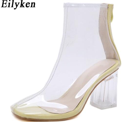 EilyKen PVC Transparent Boots Women Ankle Boots For High Heel Women Fashion Crystal Square Heel Boots Shoes Autumn