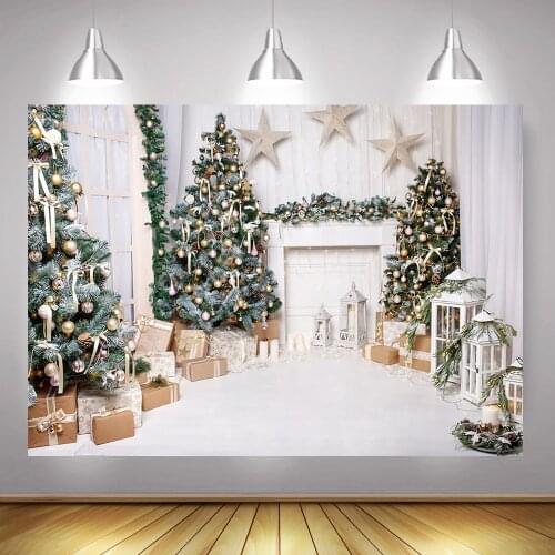 Christmas Photography Backdrop Christmas Tree Gifts White Fireplace Background Winter Living Room Light Bells Star Photo Shoot