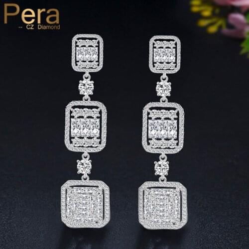Pera Classic Princess Cut Cubic Zirconia Topaz 925 Silver Long Dangling Square Drop Earrings for Bridesmaid Jewerly Gift E562