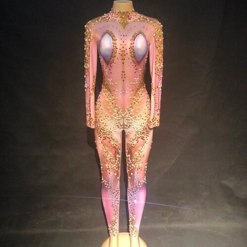Gold Sparkling Crystals Pearls Jumpsuit Womens Birthday Celebrate Diamond Outfit Evening Dance DJ Show Female Singer Bodysuit