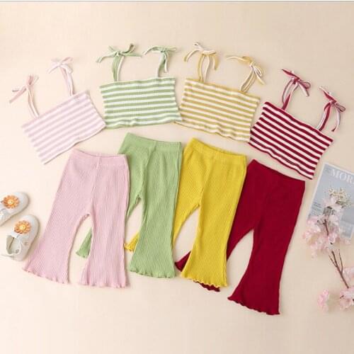 2021 Summer Baby Girls Outfits Two Piece Set Striped Print Sleeveless Bandage Crop Tops Flare Pants Cotton Boutique Clothes