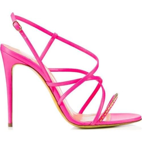 Linamong Hot Pink Black Solid Color Rivets Sandals Woman Sexy Narrow Bands Buckle Strap Stiletto Heels Party Sandals Shoes