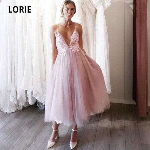 LORIE Pink Short Prom Dress Lace Appliques Evening Gown Spaghetti Straps Wedding Party Dress Deep V Neck Formal Tulle Dress
