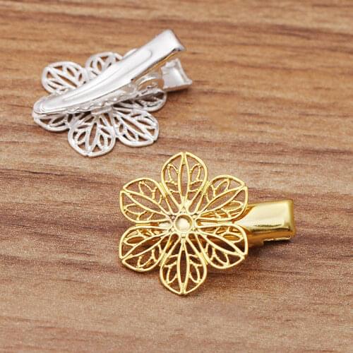 Mibrow 10pcs 22X25mm Gold Silver Color Copper Flower Hair Clips Barrettes for Women Wedding Hairpins Jewelry Making Accessories