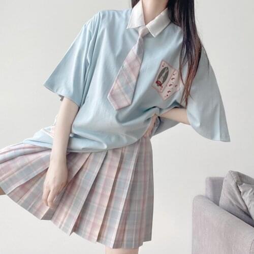College Girl Cute Rabbit Student Lovely School Loose Short-sleeved T-shirt Jk Skirt Pleated Skirt Lolita Streetwear Y2k Skirt