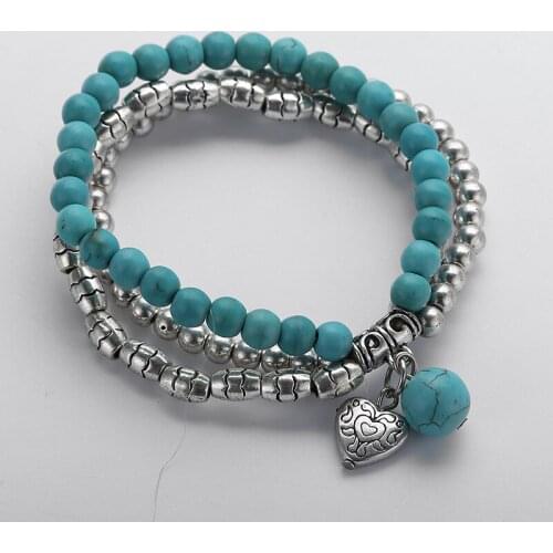 MOODPC Fashion Women Blue Beads Bracelet With Alloy Heart Charm Bracelets set
