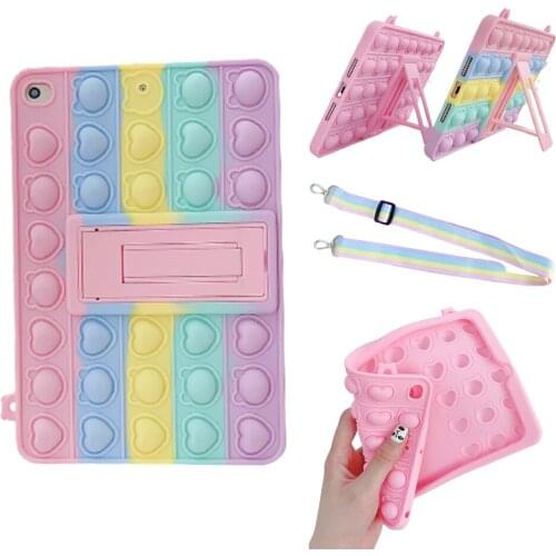 For iPad Mini 5 Shockproof Cover Anti-Anxiety Stress Relief Press Bubble Pops Silicone Case for iPad Mini 1 2 3 4 Kid Case+Strap