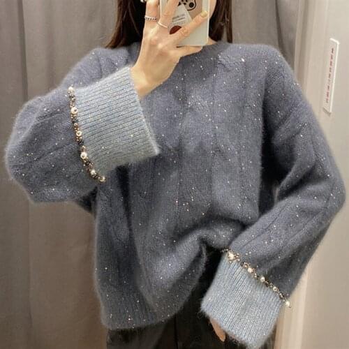 Japanese Pullover Sweater Womens 2021 Autumn Winter New Temperament Fashion Beaded Comfortable Warm Loose Knitted Top Gray e447
