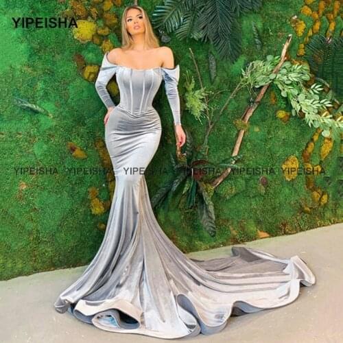 Yipeisha Silver Velour Evening Dress Long Elegant Off-shoulder Mermaid Party Gown Full Sleeves Customized Prom Dresses Velet