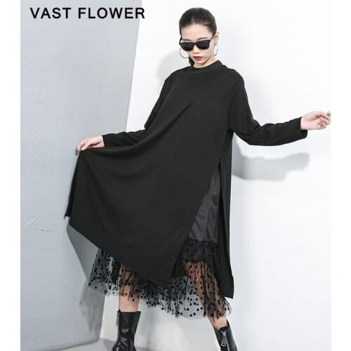 Patchwork Mesh Dot Plus Size Dress Women Round Neck Long Sleeve Fashion Loose Casual Elegant Dress Clothes Spring Autumn 2021