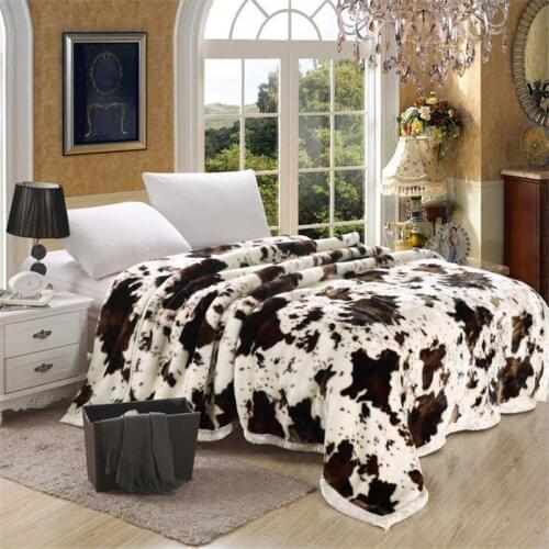 Super Soft Raschel Blanket Animal Cow Skin Flower Print Double Layer Queen King Size Double Bed Thick Warm Winter Mink Blankets