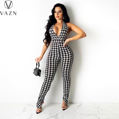 VAZN 2021 New Deep V-neck Shinny Plaid Print Sexy Lady Women Party Beach Jumpsuits Full Pant Bandage Rompers