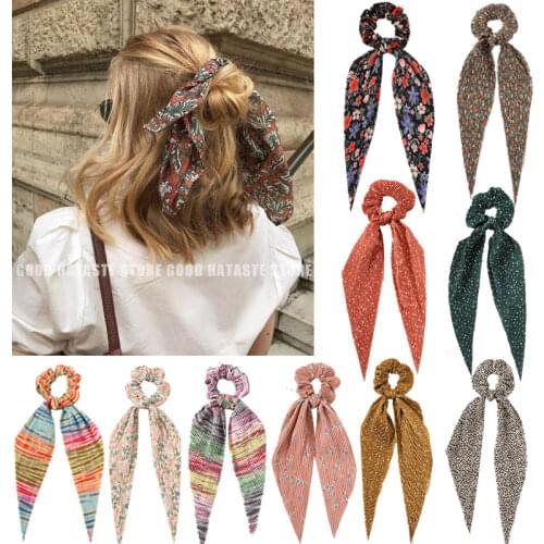 Women Leopard Printing Long Scarf Ribbons Scrunchie Elegant Hair Tie Ponytail Holder Elastic Hairband for Girl Hair Accessories