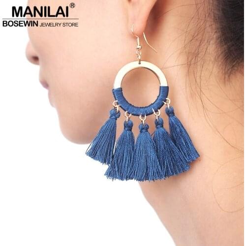 MANILAI Bohemian Handmade Cotton Tassels Earrings Women Fashion Fringe Weave Alloy Statement Big Drop Dangle Earrings Jewelry