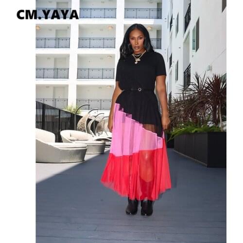 CM.YAYA Women Plus Size Dress Patchwork Short Sleeve O-neck Loose Straight Maxi Long Dresses Fashion Streetwear Vestidos Summer