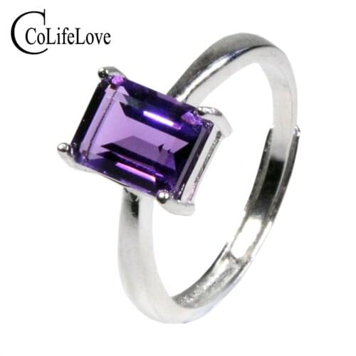 CoLife Jewelry 100% Natural Amethyst Ring for Office Woman 6*8mm Emerald Cut Amethyst Siilver Ring 925 Silver Gemstone Ring