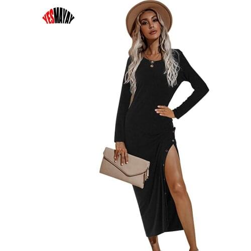 Autumn Winter Dress Women Fashion Long Sleeve Casual Maxi Ladies Dresses Robe Femme 2021 O-neck Split Female Dress Solid Color