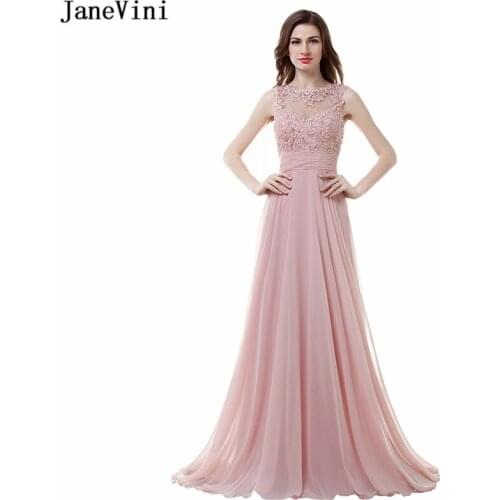 JaneVini Elegant Blush Pink Chiffon Long Bridesmaid Dresses A Line Appliques Beaded Backless Floor Length Women Prom Party Gowns