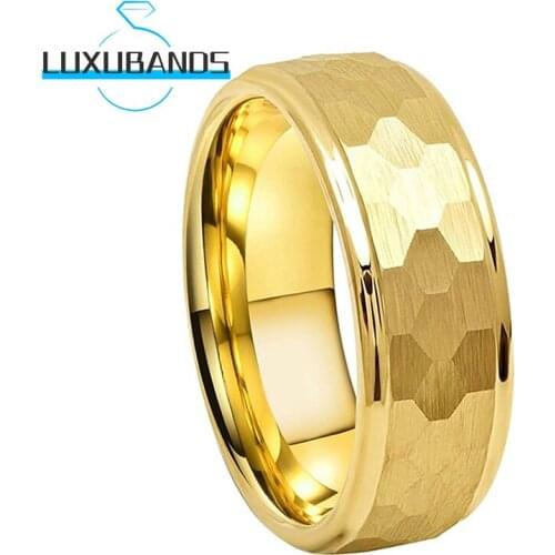 Gold Wedding Rings For Men Wemen 8MM 6MM Stepped Edges Multifaced Hammered Engagement Bands Brushed Finished Comfort Fit