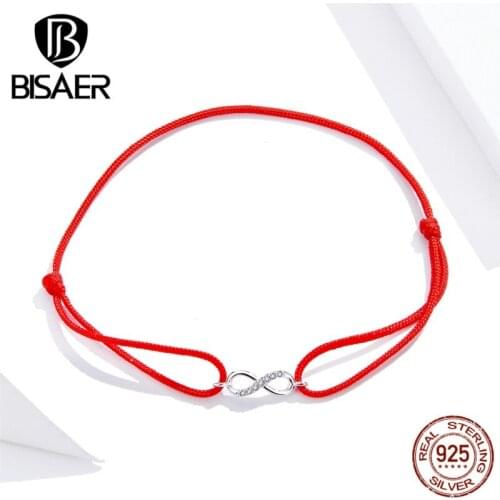 Infinity pulseira BISAER 925 Sterling Silver Lucky Red Rope Infinite Bracelet Women for Women Silver 925 Sterling Jewelry ECB176