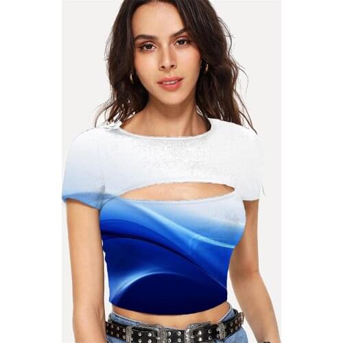 Somepet Gradient T-shirt Women Abstract Tshirt Printed Psychedelic Tshirts Casual Novel Hollow Out T shirts Short Sleeve