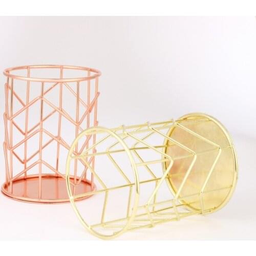 Rose Gold Metal Wire Storage Basket Cosmetic Brush Organizer Pen Holder Home Office Desktop Accessories Stationery Organizer