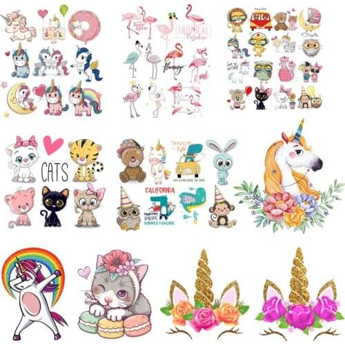 Cute Animals Unicorn Cat Heat Vinyl Transfer For Clothing Iron On Transfer For Clothes Applique Thermo Stickers For DIY T- shirt