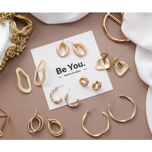 Fashion Circle Irregular Bump Geometric Gold Dangle Earrings Pendientes Jewelry Matte Metal Round oval Womens Statement Jewelry