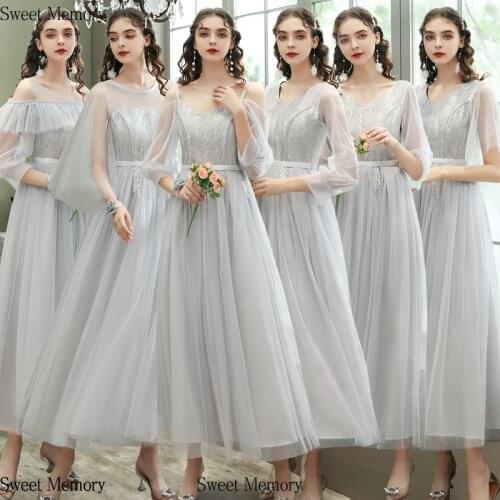 N2056 Robe Femme O-Neck Three Quarter Long Sleeve Gray Bridesmaid Dress Prom Gown for Wedding Party Vestidos De Fiesta De Noche