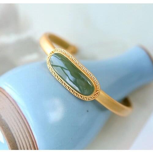 Natural Hetian Jade Oval Jasper Bracelet S925 Sterling Silver Gray Jade Personality Pattern Vintage Court Style Bracelet Ornamen