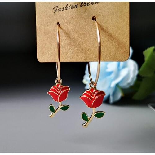 New Fashion Big Circle Green Leaf Red Rose Earrings Korean Version 14K Gold Plated Red Earrings For Female Christmas Gift