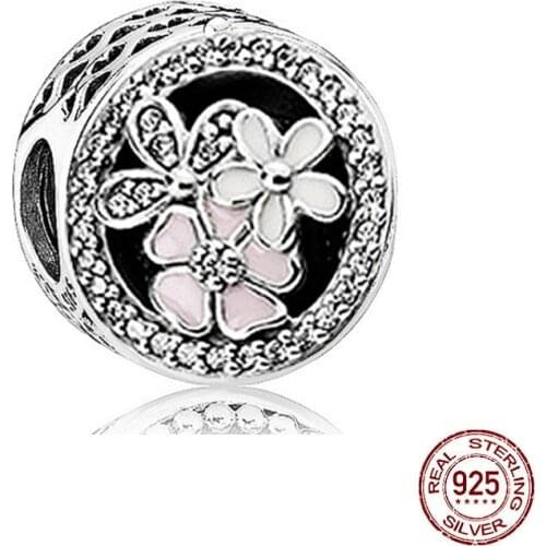 New 925 Sterling Silver Beads Pink Daisy Charm Fits Original Pandora Bracelets DIY Jewelry Making For Women Gifts