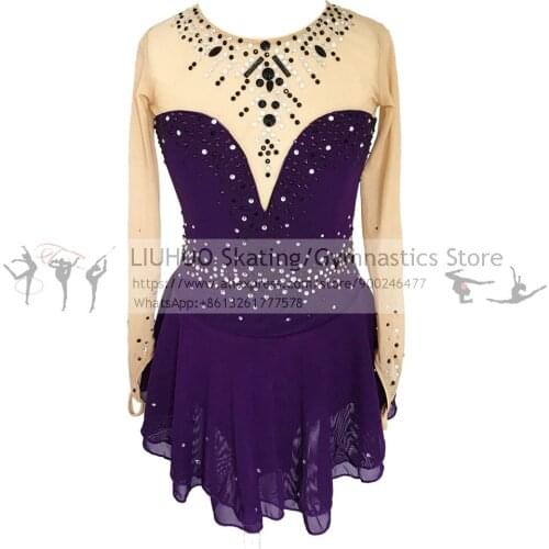 Purple Figure Skating Dress Fingerpoint Sleeves Ice Skating Skirt Long-Sleeved Spandex Skirt Competition Dresses