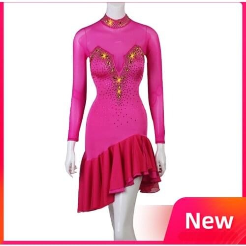New Latin Dance Competition Dress Women Girls Rumba Cha-Cha Tango Skirt Long Sleeve Diamond Dance Dress Custom Made DQL2898