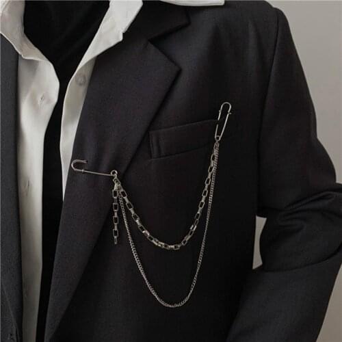 Double Clip Long Chain Brooch for Men Women Unisex Pin Harajuku Style Goth Punk Metal INS Women Jewelry Accessories