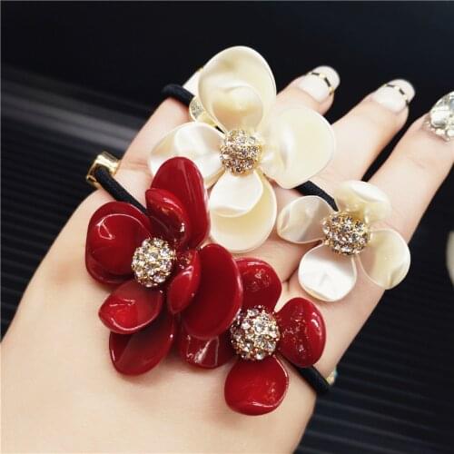 Fashion Girls Red Flower Elastic Hair Bands Shell Crystal Designer Hairband for Women Female Rhinestone Jewelry Hair Accessories