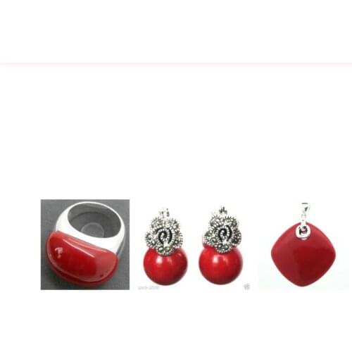 Nice Red Carved Lacquer Marcasite 925 Sterling Silver Ring(#7-10) Earrings & Pandent jewelry sets