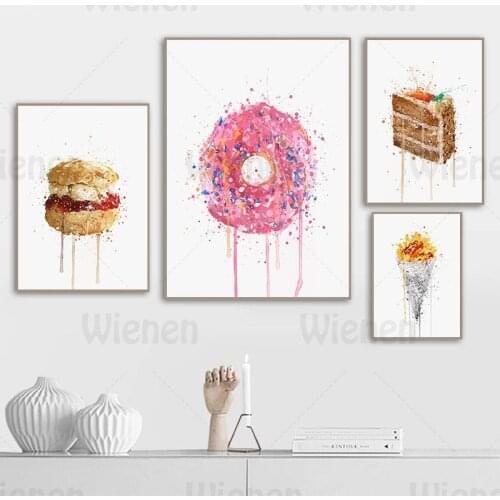 Nordic Watercolor Painting Food Dessert Cake Donut Ice Cream Sushi Egg Canvas Poster Home Decor Restaurant Kitchen Cafe Mural