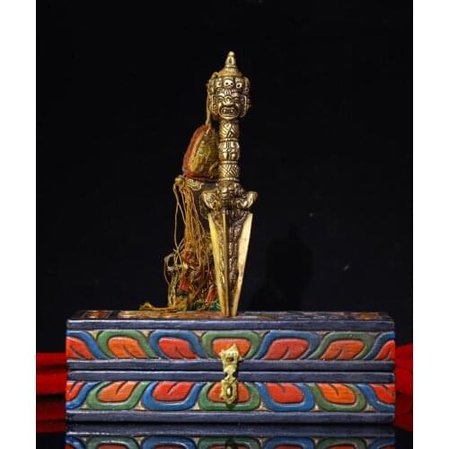 Tibet Buddhism Temple Old Bronze Three-sided big black sky head skull Dorje Vajra Phurba Dagger Holder Painted Bodhi Root Box