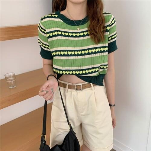 Tops Student Love Round Neck Short-sleeved Sweater Womens Summer New Korean Style Loose and Thin Casual Top