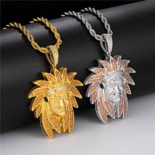 Vintage Tribal Indian Chief Head Pendant Necklace Hip Hop Iced Out Punk Accessories MenS Necklaces Gift