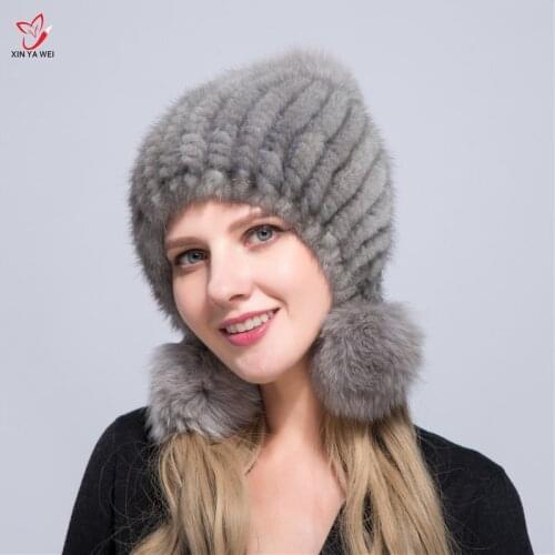 XIN YA WEI )Hot Sale Women Fur Hat Genuine Real Knitted Mink Fur Bomber Hats Female Winter Caps Ear Warmers Fashion Headgear