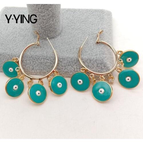 Y·YING Blue Enamel Clear Cz Pave Charm Dangle Snap Closure Earrings gold color plated hoop earrings ethnic style for women