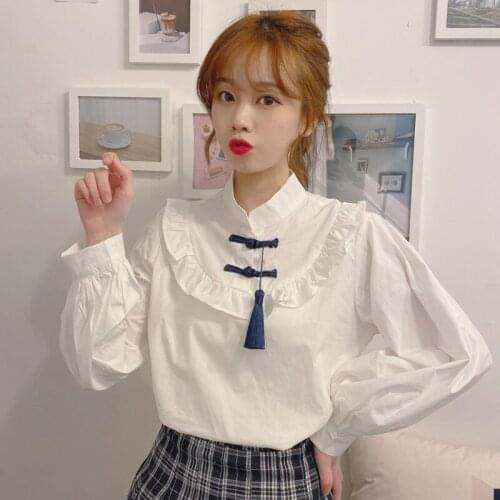 Women Blouse Chinese Style Solid Stand Collar Lantern Sleeve Button Loose Tops Blusas Female Spring Autumn Vintage Casual Shirts