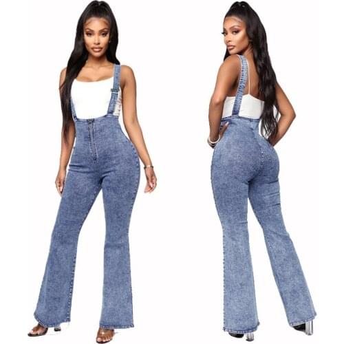 2020 Women Denim Overalls Stretchy wide leg jeans Fashion Strap High Waist Long Jeans Flare Pants Jumpsuit Blue Jeans Rompers